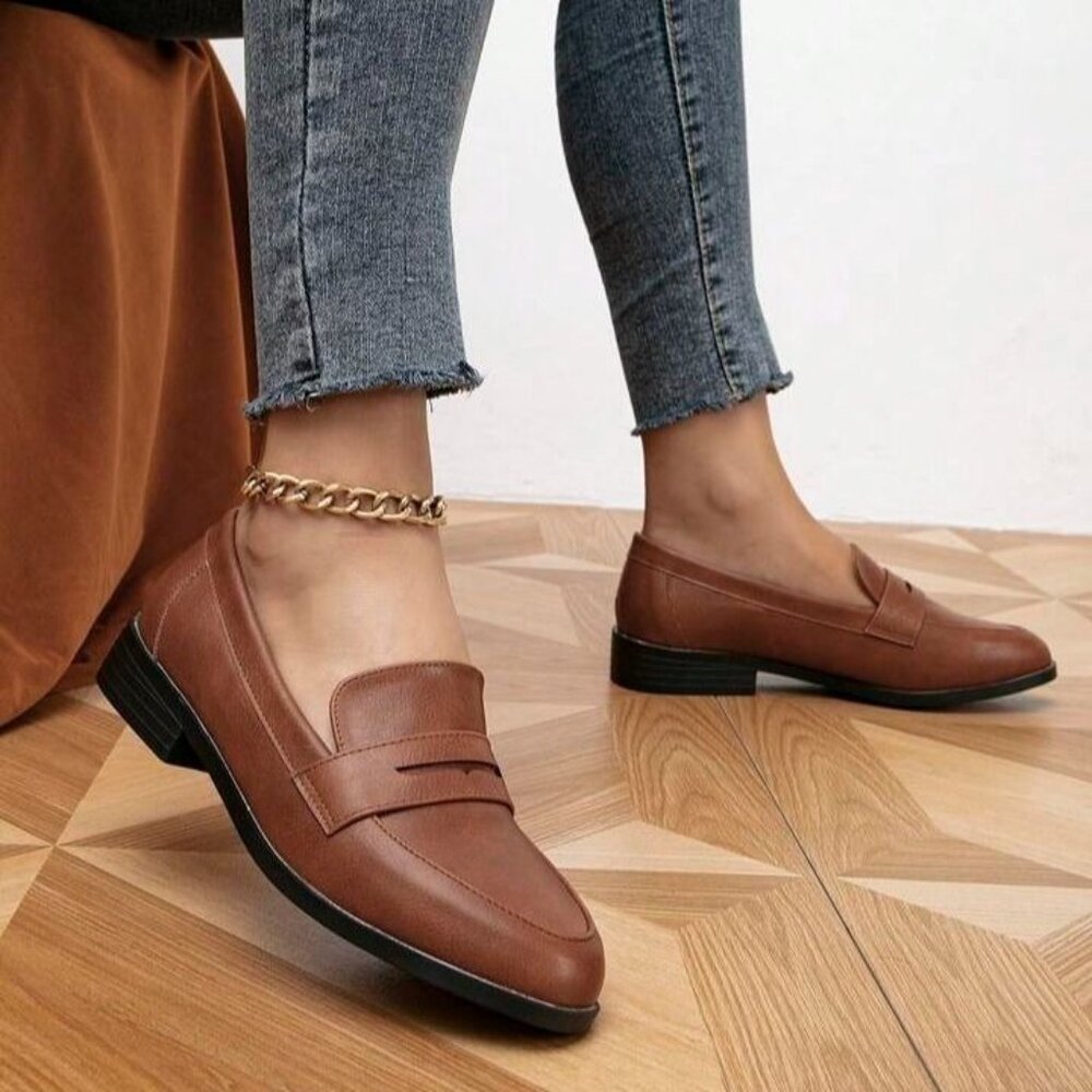 New Kensie 9 Penny Loafer Gitty Slip-on Driver Shoes Faux Smooth Leather Cognac